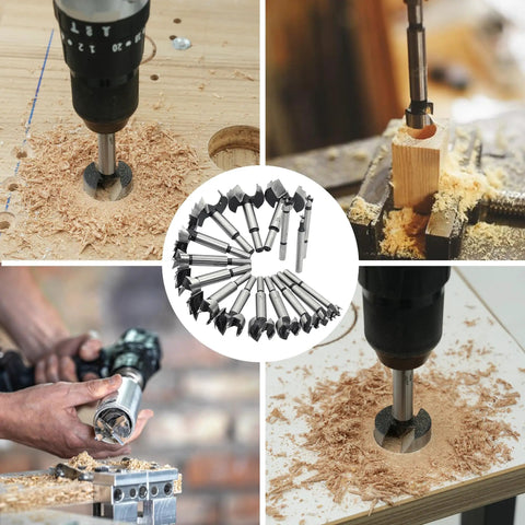 16 Piece Forstner Bit Set Heavy Duty Woodworking Drill Bits Featuring Precision Ground Tips and Solid Round Shank in use on wood.