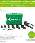 Heavy Duty Hydraulic Knockout Kit with Quick Draw Driver, Slug-Buster Punches, Dies, Studs, Green Carrying Case in Background