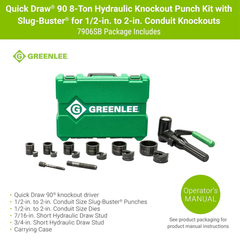 Heavy Duty Hydraulic Knockout Kit with Quick Draw Driver, Slug-Buster Punches, Dies, Studs, Green Carrying Case in Background