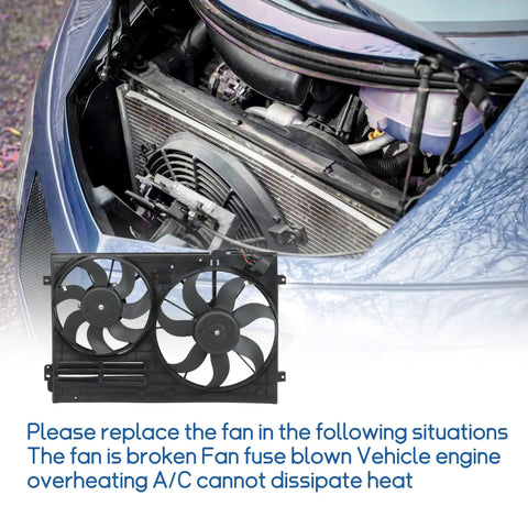 Direct Swap Radiator Cooling Fan Real Deal Fix Compatible With Vw Jetta Passat Gti Cc Golf Beetle Tt 18 Liter 19 Liter Engine shown in car engine bay.