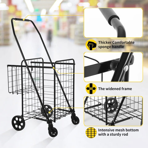 Folding Shopping Cart With 200 Lb Capacity, Heavy Duty Grocery Cart, Medium Size showing black metal frame and foam handles