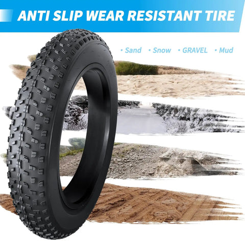 20x4.0 Fat Tire Tube And Folding MTB Tire Puncture Resistant Inner Tube in all-terrain setting, showcasing tread and volume