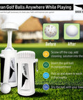 Portable Golf Ball Cleaner For On Course Use showing ball washer, golf ball before and after cleaning, and washing instructions.
