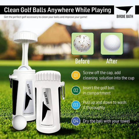 Portable Golf Ball Cleaner For On Course Use showing ball washer, golf ball before and after cleaning, and washing instructions.