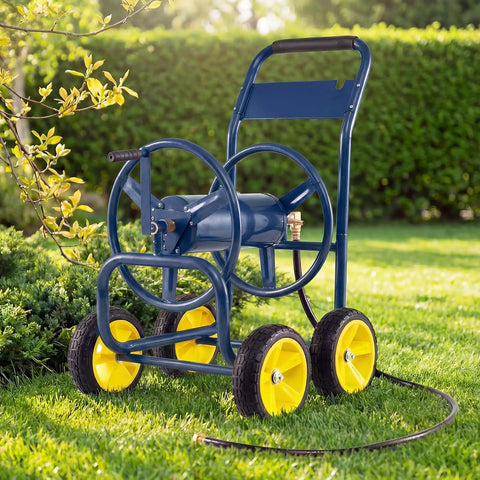 Must Have Heavy Duty Garden Hose Reel Cart With Four Solid Wheels Mobile Water Hose Cart That Holds Up To 330 Ft Of 5/8 Inch Hoses Durable Metal Frame Easy Maneuver For Lawn And Backyard Navy Blue