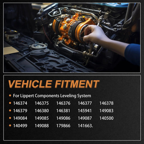 Close-up of orange 12V RV hydraulic pump motor for Lippert leveling system in engine bay