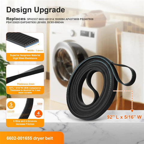 92" x 5/16" dryer belt with neoprene material for Upgraded Dryer Repair Kit With Roller Replacement, Idler Pulley, And Belt For DV40J3000EW A2