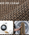 Close-up of the black brown textured fabric of L Shaped Kitchen Mat With Anti Slip Corners alongside washing machine image.