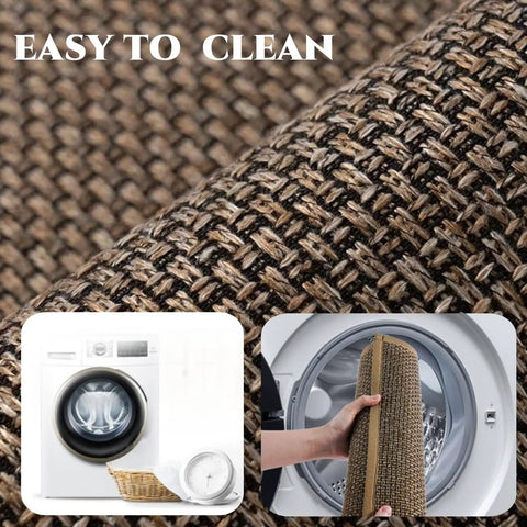 Close-up of the black brown textured fabric of L Shaped Kitchen Mat With Anti Slip Corners alongside washing machine image.