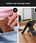 Five Piece Cigar Cutter Set With Stainless Steel Guillotine, V Cut, Punch, Cigar Stand, Leather Case And Gift Box shown with leather case and cigar stand
