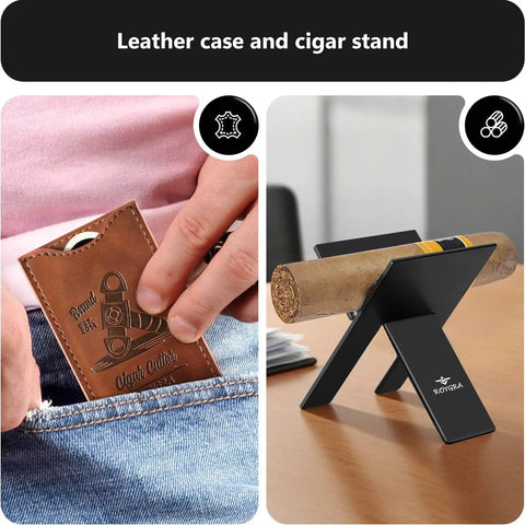 Five Piece Cigar Cutter Set With Stainless Steel Guillotine, V Cut, Punch, Cigar Stand, Leather Case And Gift Box shown with leather case and cigar stand