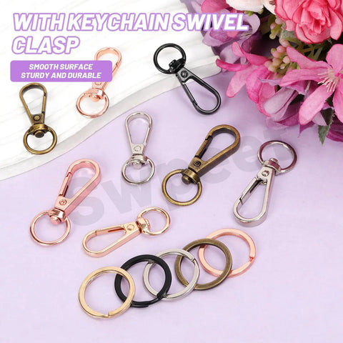 50Pcs 5 Colors Push Gate Snap Hooks With Key Rings Kit For Lanyards Handbags DIY Crafts showing snap hooks and key rings
