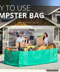 Heavy Duty Dumpster Bag For Home Reno And Yard Cleanup Up To 3500 Lbs, Reusable Foldable Debris Container in use in front of a house