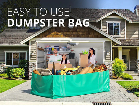 Heavy Duty Dumpster Bag For Home Reno And Yard Cleanup Up To 3500 Lbs, Reusable Foldable Debris Container in use in front of a house
