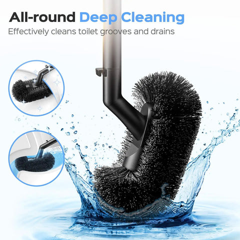 Heavy Duty Stainless Steel Toilet Plunger And Bathroom Brush Set Rustproof Hassle Free Cleanup brush with black bristles in water.