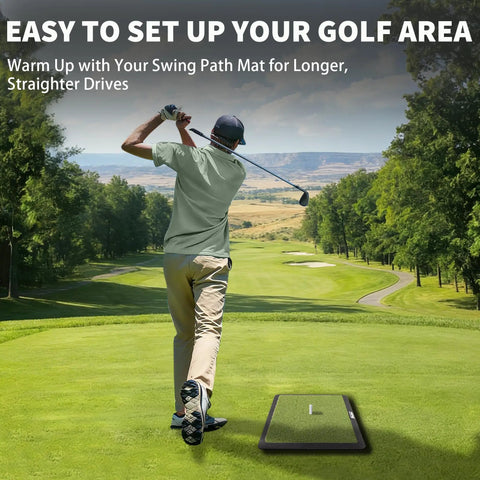 Golfer practicing drive with All-In-One Golf Hitting Mats Trainer For Driving, Chipping And Putting on a golf course