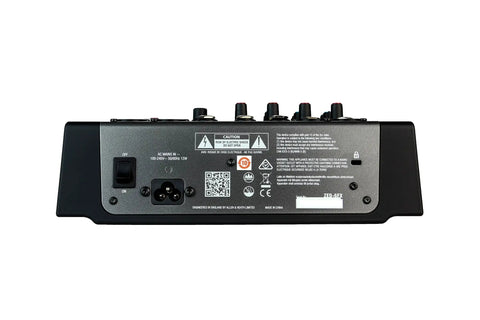 Rear view of Six Channel Compact Live Mixer With Guitar DI High Impedance Inputs And GS Pre Preamps Durable Metal Chassis.
