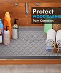 Under Sink Mat 34 By 22 Inches Waterproof Cabinet Protector and Shelf Liner for Kitchen and Bathroom, dark gray with bottles and towels