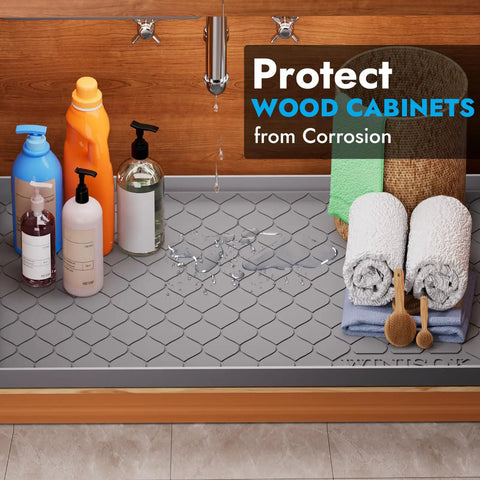 Under Sink Mat 34 By 22 Inches Waterproof Cabinet Protector and Shelf Liner for Kitchen and Bathroom, dark gray with bottles and towels