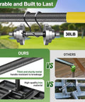 Close-up of heavy duty lawn leveling rake handle with 30lb weight showing durability and steel material comparison chart.