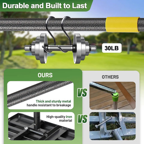 Close-up of heavy duty lawn leveling rake handle with 30lb weight showing durability and steel material comparison chart.