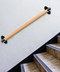 Sturdy Real Wood Handrail Designed For Indoor Stairs With Factory Attached Metal Brackets Bearing Three Hundred Pounds mounted on wall with stairs