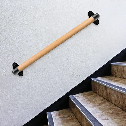 Sturdy Real Wood Handrail Designed For Indoor Stairs With Factory Attached Metal Brackets Bearing Three Hundred Pounds mounted on wall with stairs