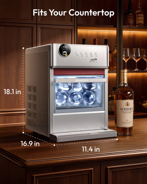Elite Countertop Clear Ice Ball Maker Featuring Smart App Control And Reliable WiFi Connectivity Plus A Built In Twenty Four Hour Timer, measuring 18.1 in x 16.9 in x 11.4 in.