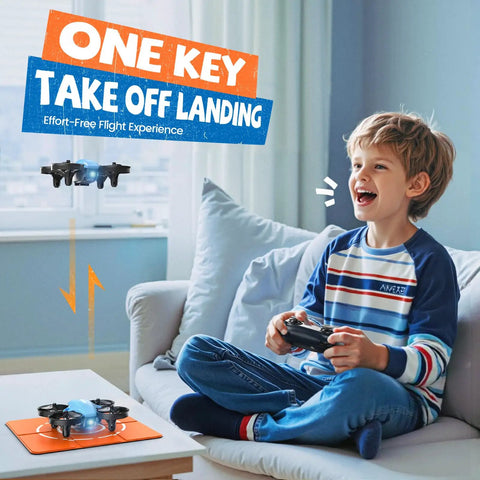 Child using remote with Mini Drone For Kids And Beginners With 3 Batteries, Indoor RC Quadcopter flying in living room.