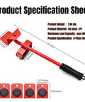 Heavy Duty Furniture Dollies Set With Lever And Four Sliders Supports Up To 300 Lbs showing red pry tool and sliders.
