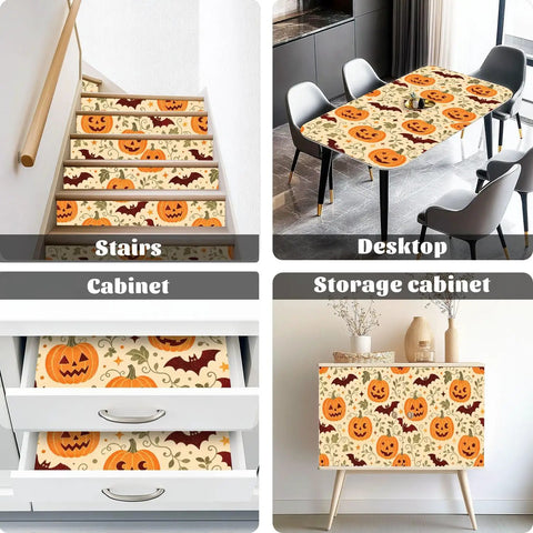 Halloween Botanical Peel And Stick Wallpaper Self Adhesive Removable Wall Decor Large Roll Easy Peasy Diy Room Glow Up With Dope Seasonal Vibes Covers 14 Square Feet used on stairs, table, cabinet, and storage.