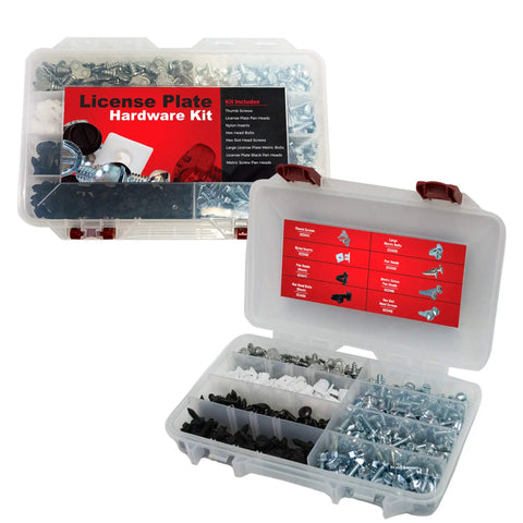 Must Have License Plate Hardware Kit 400 Piece Variety Pack with clear compartments and stainless steel screws visible