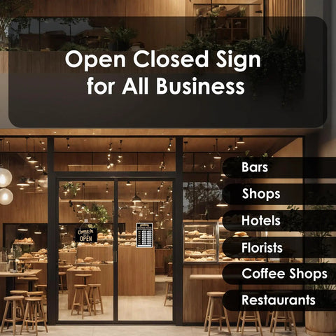 Open Closed Flip Sign Set For Window And Door Black Double Sided Open Closed Sign visible on cafe front with gold accents