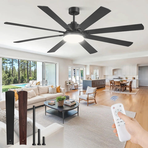 Beast Of A 72 Inch Ceiling Fan With Remote For Indoor Outdoor Use, installed in living room, remote control in hand, dual-color blades
