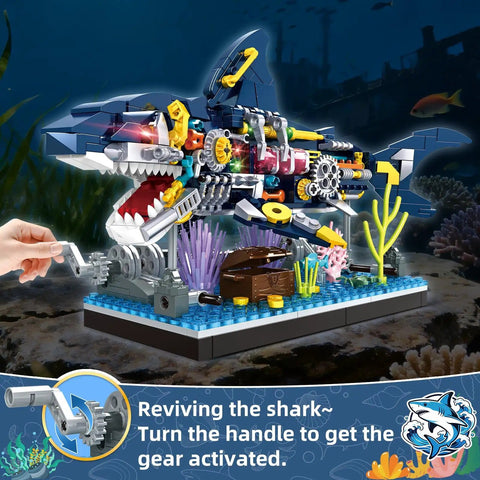 Semi Mechanical Shark Building Block Set With 499 Pieces For Ocean Landscape Creation, Interactive Tail Swing And Rotating Mechanism