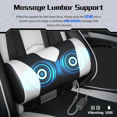 Ergonomic Gaming Chair With Massage Lumbar Support And Footrest showcasing massage lumbar feature in black and white design.