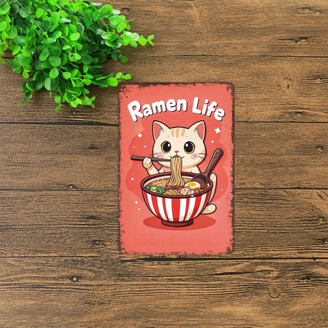 Funny Cat Eating Ramen Metal Sign Vintage Tin Wall Art 8x12 Inch Poster For Home Office Garage Decor Rustic Studio Charm Perfect Gift For Cat Lovers Easy Mount For Quick Installation