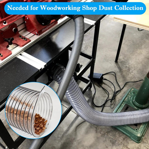 Top Shelf Pvc Dust Collection Hose For Serious Woodworker Shop Grind Heavy Duty Industrial Vacuum Air Transfer Pipe Flexible 3 Inch Diameter 10 Feet Long, shown in use with wood chips.