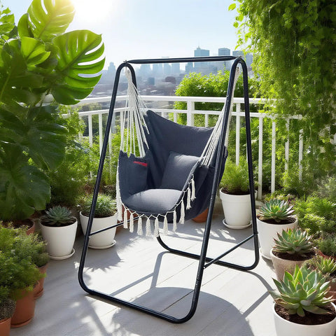 Heavy Duty Hammock Chair With Stand For Indoor Outdoor Use Triangular Support Frame 500 Lbs Weight Capacity Includes Two Cushions Space Saving Swing Chair For Porch Backyard Or Poolside Dark Grey