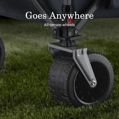 Close-up of XL Collapsible Wagon Heavy Duty 400 Lb Capacity With 50 Gallon Utility Cart All Terrain Wide Base Wheels on grass.