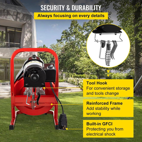 Heavy Duty Electric Drain Auger Kit With Cutter And Anti Slip Glove Knock Out Stubborn Clogs In One To Four Inch Pipes features tool hook, reinforced frame, built-in GFCI.