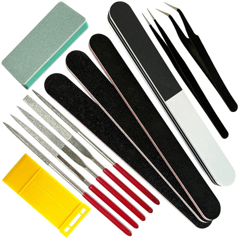 All In One Handy Hobby Model Building Tools Kit showing files, tweezers, and sandpaper for dollhouse miniatures