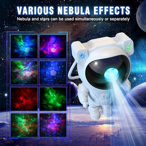 Cosmic Projector Lamp With LED Night Light For Kids showing spaceman design and colorful starry nebula effects for baby nursery.