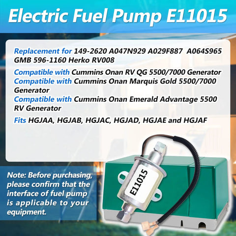Heavy Duty Electric Fuel Pump For 5500 Watt Gas Generators Like Marquis Gold 5500 And Onan 5.5KW Models HGJAA To HGJAF 12V