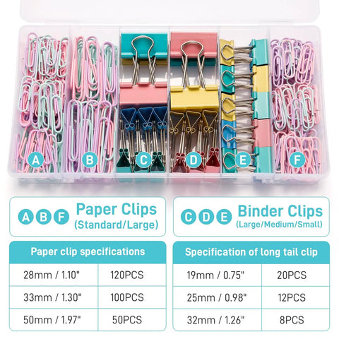 Colorful Binder Clips And Paper Clips Set With Assorted Sizes For Home Office And School Classrooms 310 Piece Kit Includes Large Medium Small Binder Clips And 50 Two Inch Paper Clips Great Must Have Desk Organizer