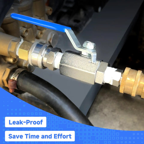 Beefed-Up 3/8 Inch Quick Connect Shut Off Ball Valve For Pressure Washer Hose Stainless Steel 5000 PSI installed on hose