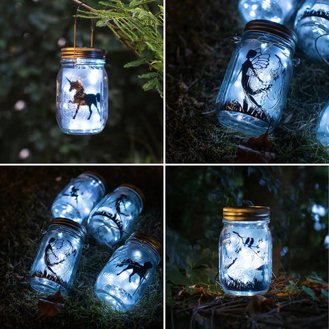 12 Pack Solar Mason Jar Fairy Lights With 30 Warm White LEDs, Lantern String Light Set, hanging in garden without jars
