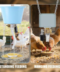 Smooth Operator 16 Group Automatic Poultry Feeder With Programmable Timer for chickens, showing standing and hanging feeding options.
