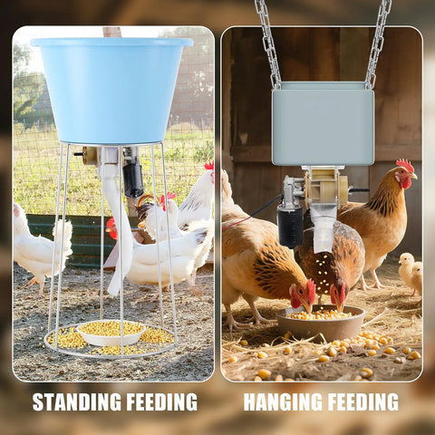 Smooth Operator 16 Group Automatic Poultry Feeder With Programmable Timer for chickens, showing standing and hanging feeding options.