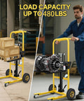 Hydraulic Material Lift Pallet Jack Table Cart with 480 lb Capacity and 35 Inch Lift, shown lifting boxes and machine parts.